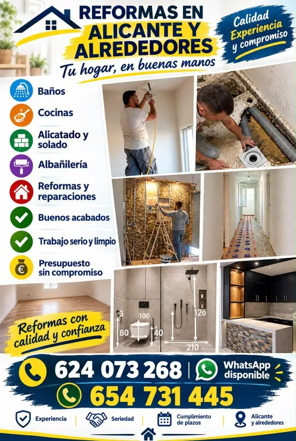 Cartel de Reformas en Alicante y alrededores con servicios y teléfonos